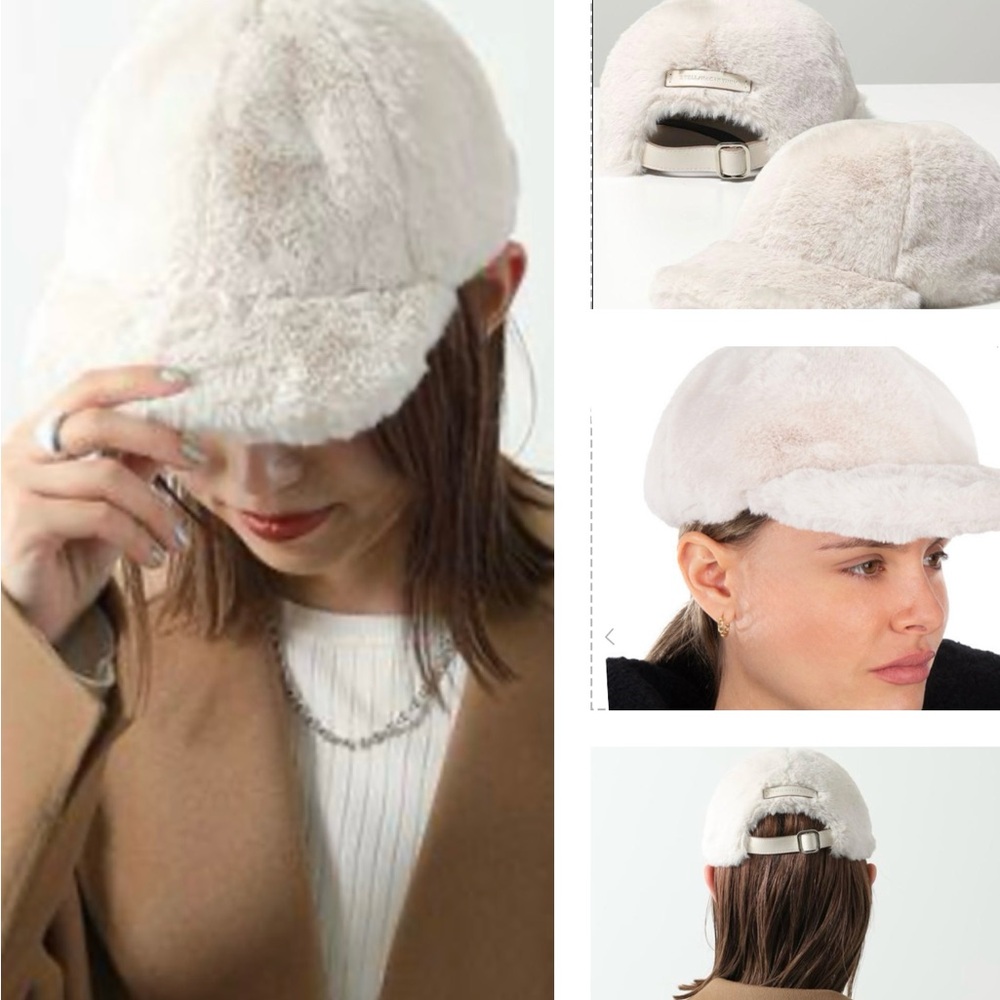 STELLA McCARTNEY IVORY FAUX FUR CAP, FEATURES CURVED PEAK, AN ADUSTIBLE STRAP - Picture 7 of 16